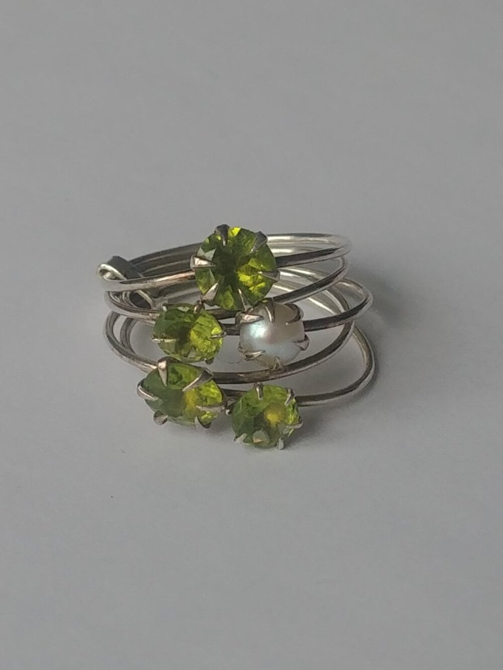 Dainty ring stack silver tone with peridot green and pearl